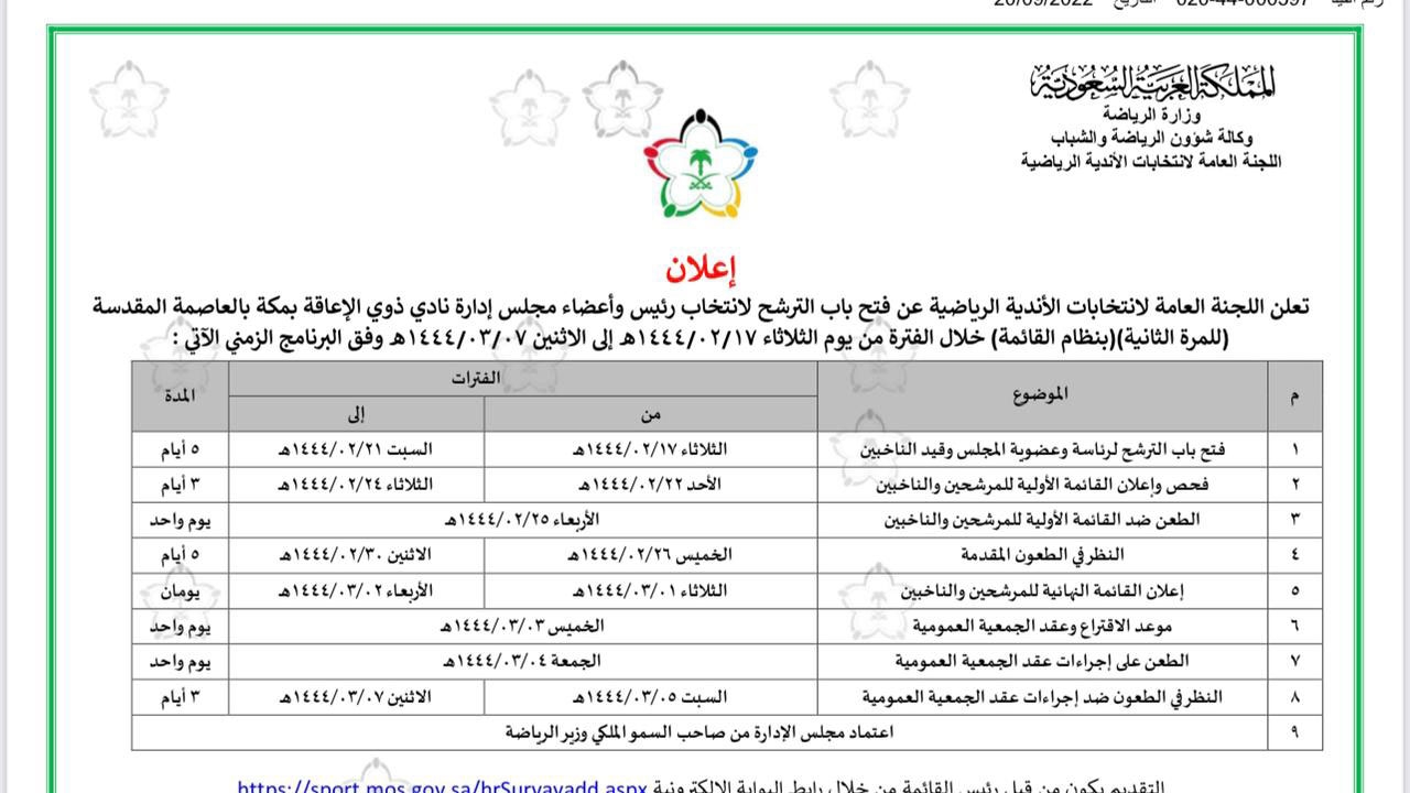 إعلان: فتح باب الترشح لانتخاب رئيس وأعضاء مجلس إدارة النادي للمرة الثانية